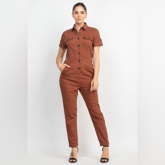 Haute Monde Brown Collared Button Front Jumpsuit Large - Picture 1 of 4